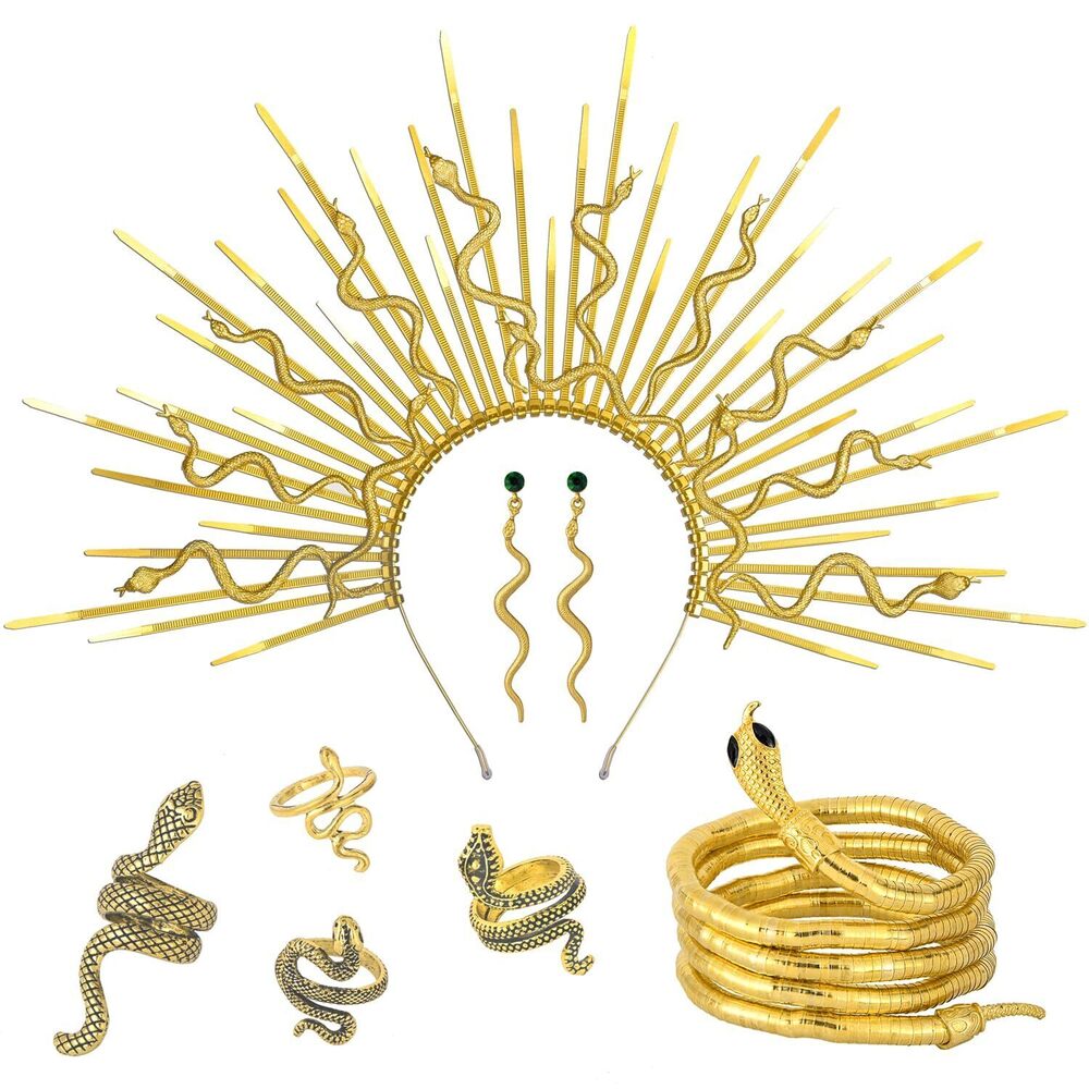 4882 Medusa Halo Crown With Rings Arm Cuff Earrings Gold